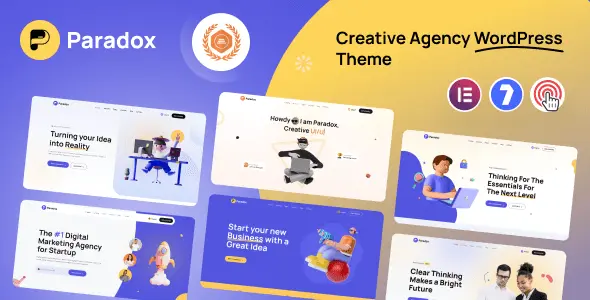 Paradox creative agency WordPress theme homepage demo with Elementor page builder interface