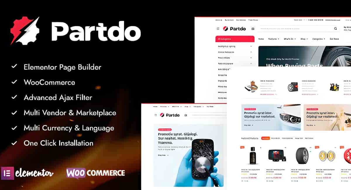 Partdo auto parts WooCommerce theme homepage showing Elementor editor, product catalog with fitment filters, and multi-vendor marketplace dashboard