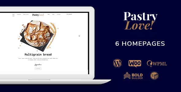 Pastry Love bakery WordPress theme demo showcasing responsive cake shop website design with Elementor