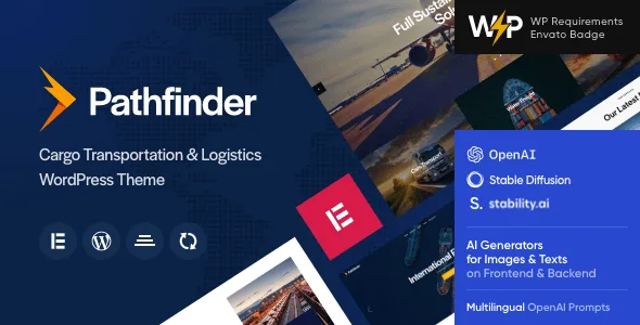 Pathfinder Logistics WordPress Theme homepage showing freight transport services layout with fleet showcase and quote request form