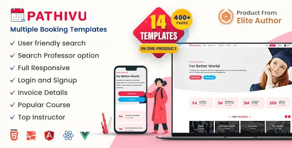 Pathivu online course booking template dashboard showing Laravel and HTML framework support with responsive course listing layout