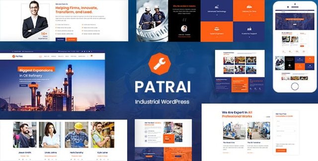 Patrai Industry industrial WordPress theme screenshot showing factory website homepage with project portfolio and responsive layout