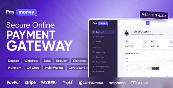 PayMoney PHP payment gateway admin dashboard showing multi-gateway transaction overview