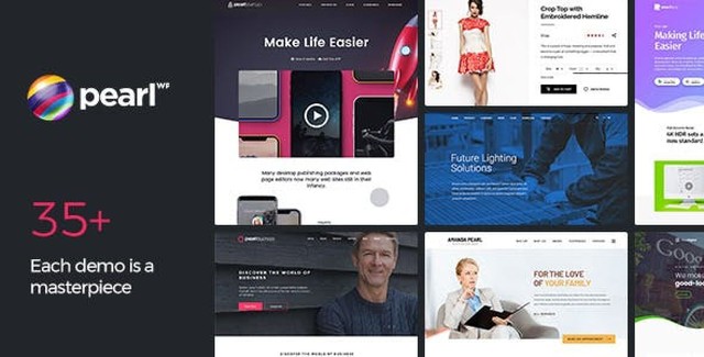 Pearl WP multi-niche corporate business WordPress theme preview with drag-and-drop page builder interface