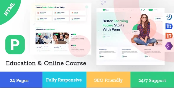 Penn education HTML template preview showing responsive school website layout with Elementor PRO