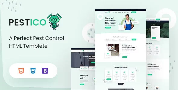 Pestico pest control HTML template preview showing responsive design and clean modern layout