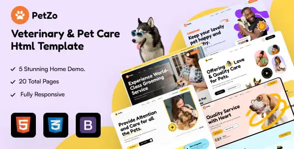 PetZo veterinary and pet care HTML template with modern industrial design