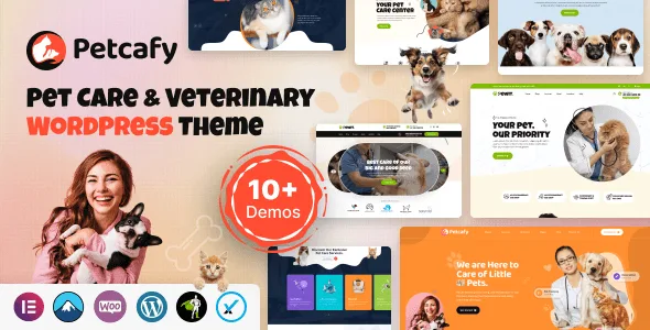Petcafy WordPress theme homepage showing veterinary clinic layout with service menu, booking form, and team section