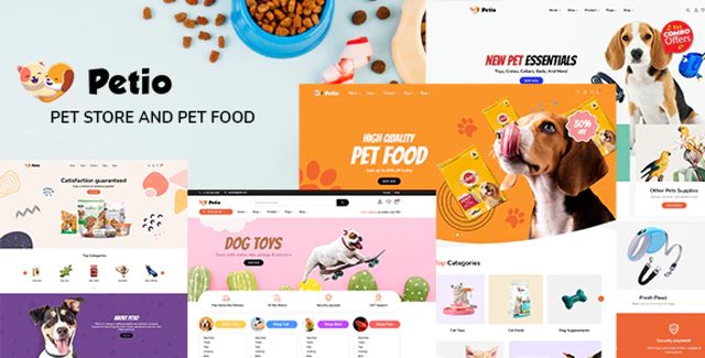 Petio Pet Store WooCommerce Theme demo preview showing homepage layout with product categories and Elementor builder interface