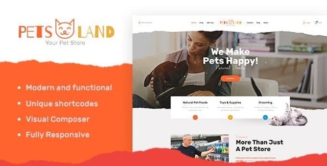Pets Land pet shop and veterinary WordPress theme homepage preview