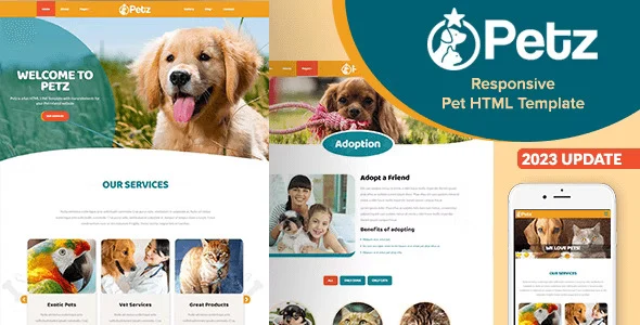 Petz responsive pet business HTML template homepage preview showcasing a veterinary clinic layout with Bootstrap 5.3 design