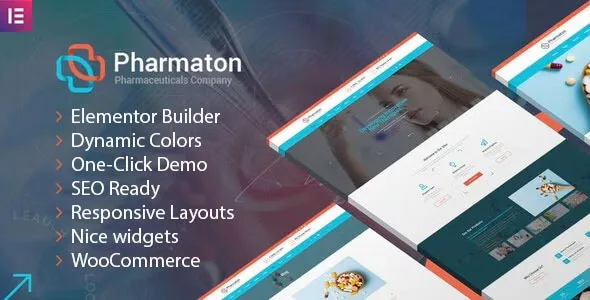 Pharmaton medical WordPress theme showcasing a professional healthcare website layout with Elementor design
