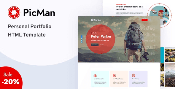 PicMan personal portfolio HTML template preview showing minimalist responsive design