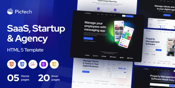 PicTech SaaS HTML5 template preview showing three homepage variations on desktop and mobile devices