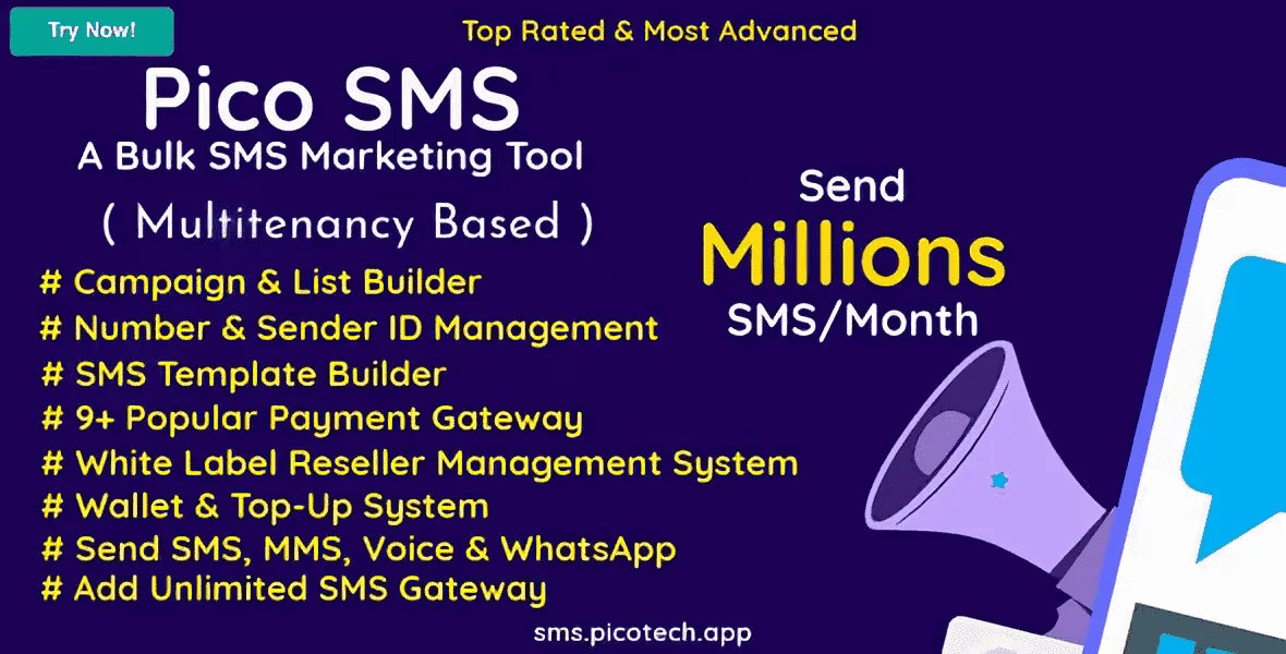 PicoSMS admin dashboard showing campaign analytics, contact segmentation, and SMS gateway settings