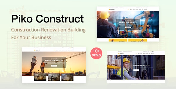 Piko-Construct construction WordPress theme preview showing responsive layout and portfolio design