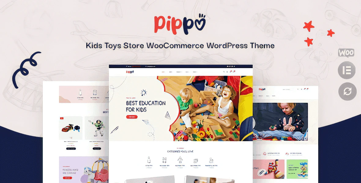 Pippo kids toy store WooCommerce WordPress theme showcasing responsive design for children's retail