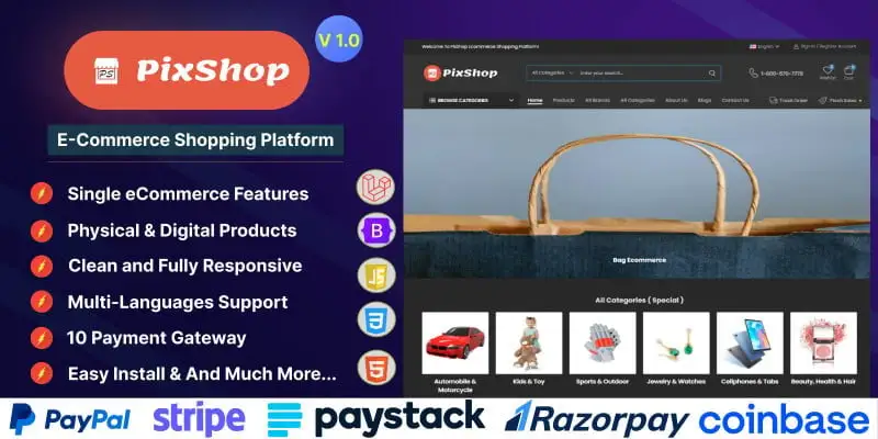 PixShop PHP e-commerce script platform interface showing online store management dashboard