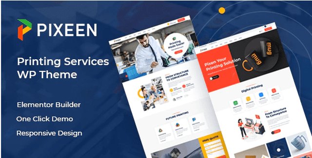 Pixeen printing services WordPress theme homepage preview with Elementor page builder layout