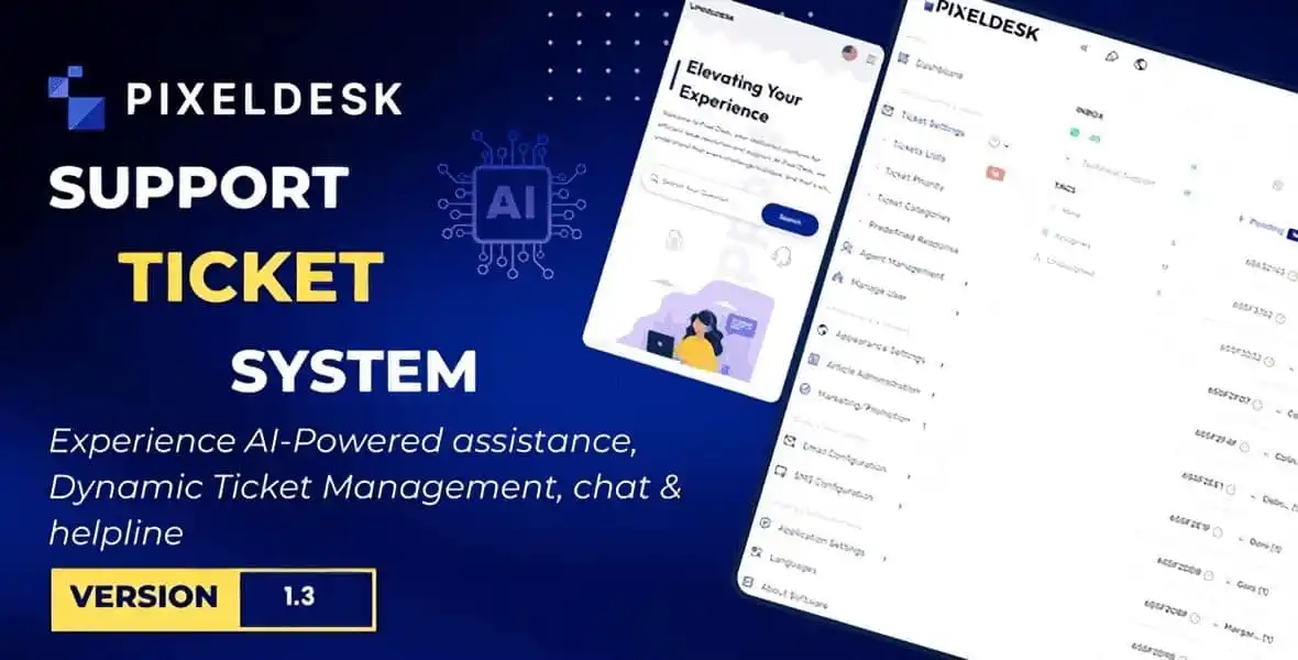 PixelDesk AI-powered support ticket system dashboard for Laravel
