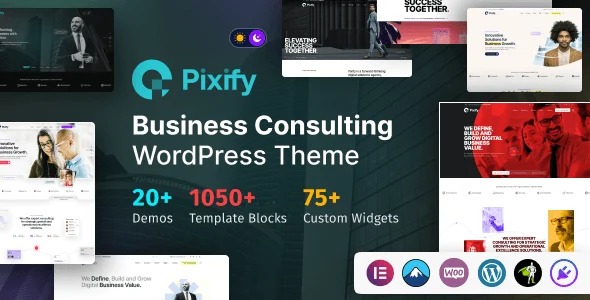 Pixify business consulting WordPress theme homepage demo layout with modern professional design