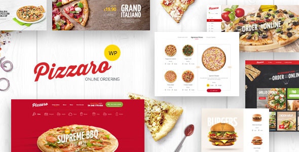 Pizzaro restaurant WooCommerce theme homepage showcasing food ordering interface with menu builder and promotional banners