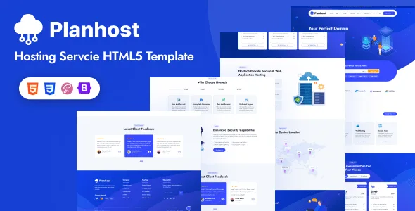 Planhost HTML hosting landing page template preview showing responsive layout and modern design