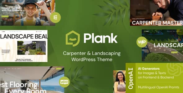 Plank carpentry WordPress theme showcasing construction and landscaping website layouts