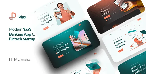 Plax fintech HTML template homepage preview showing modern banking dashboard design with clean grid layout