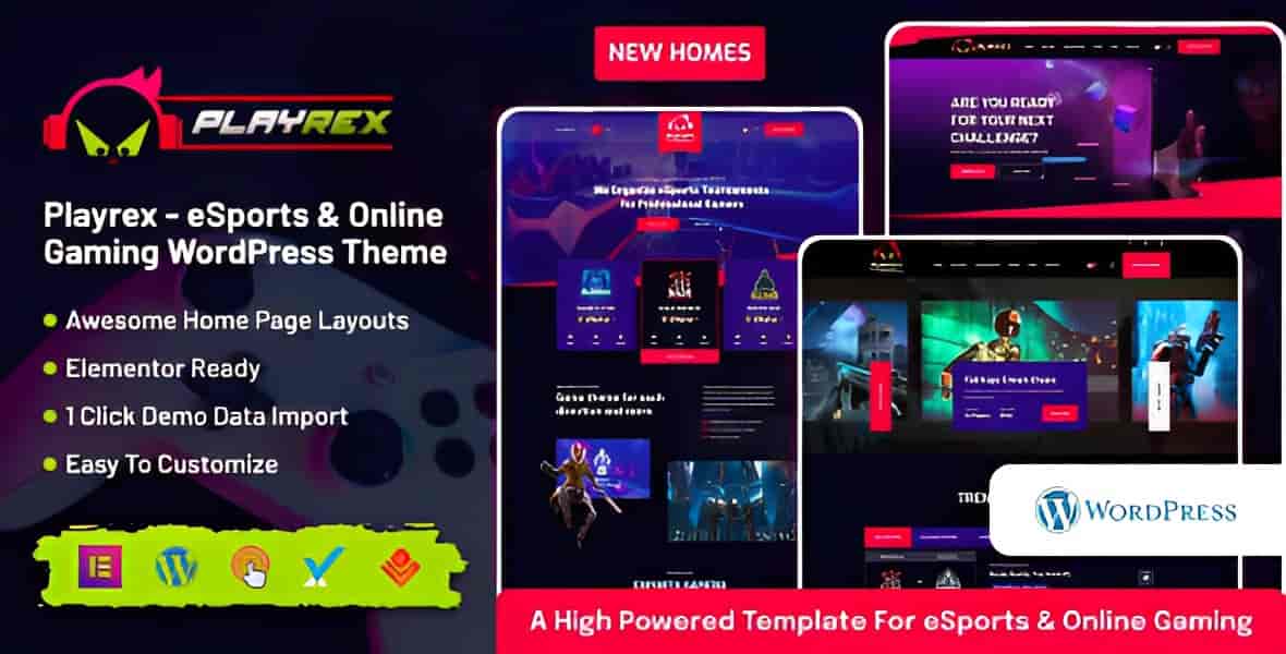 Playrex esports gaming WordPress theme preview with pre-built design layouts