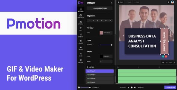 Pmotion WordPress plugin interface showing drag-and-drop animated GIF and video editor with timeline and media library