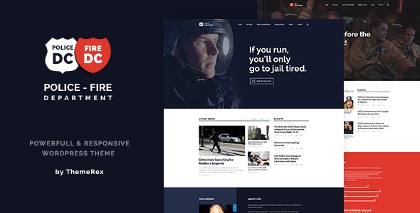 Police and Fire Department WordPress theme dashboard showing emergency services website layouts with Elementor PRO