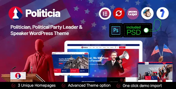 Politicia political WordPress theme homepage preview with campaign website layout and live customizer interface