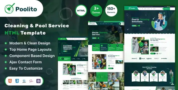 Poolito cleaning service HTML template homepage preview showing responsive design on desktop and mobile devices