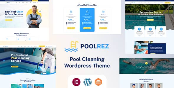 Poolrez pool cleaning WordPress theme homepage preview with Elementor layout