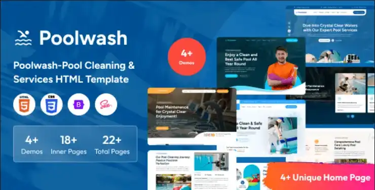 Poolwash pool cleaning HTML template homepage preview showing responsive layout