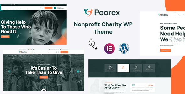 Poorex nonprofit charity WordPress theme homepage design with donation features