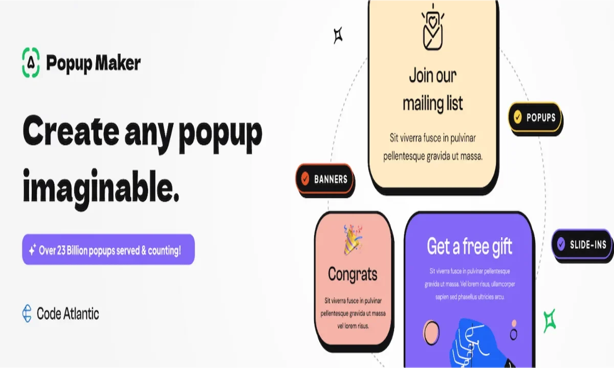 Popup Maker WordPress popup plugin interface showing modal and slide-in popup builder