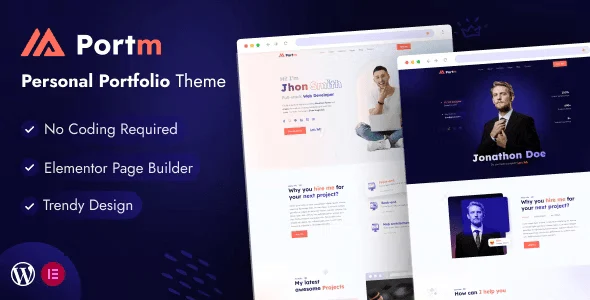 Portm personal portfolio WordPress theme with creative layout and Elementor PRO support