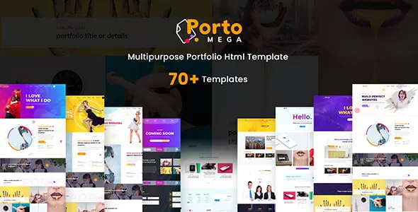 PortoMega multipurpose HTML portfolio template homepage preview showing responsive design across desktop and mobile devices