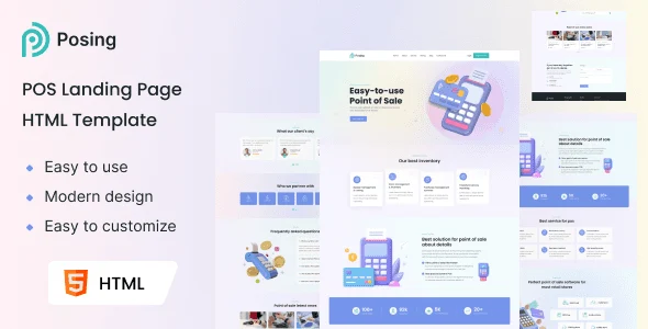 Posing POS landing page template showing responsive HTML and React design for SaaS retail and inventory management platforms