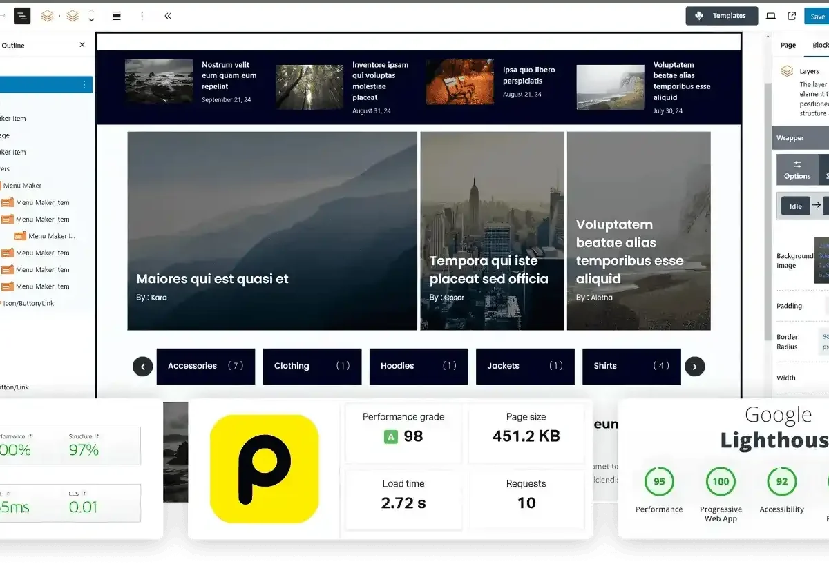 ComboBlocks Pro WordPress block plugin interface showing 40+ blocks and advanced CSS styling controls