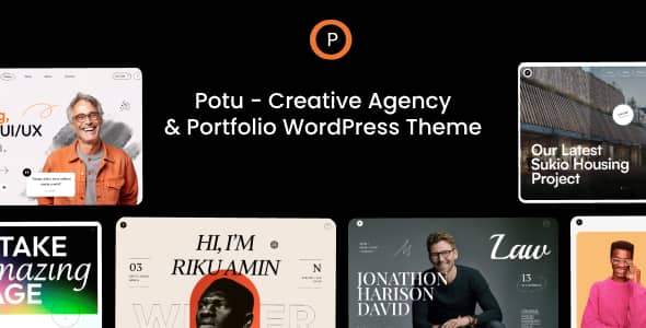Potu creative agency and portfolio WordPress theme preview with Elementor page layouts