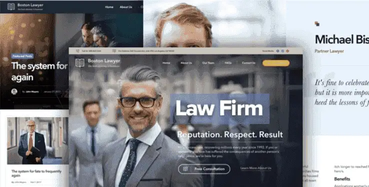 Powerlegal law firm WordPress theme homepage preview showing attorney profiles, practice areas, and consultation CTA on desktop and mobile