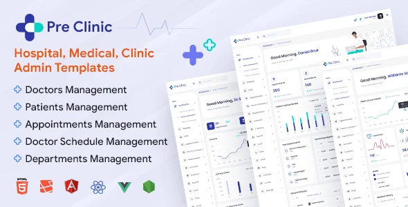 Preclinic medical admin dashboard template showing hospital and clinic management interface with Bootstrap 5 responsive design