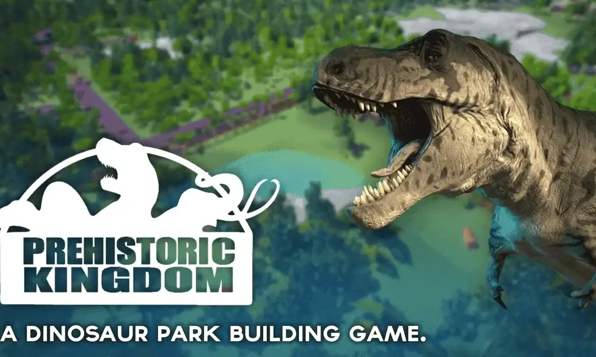 Prehistoric Kingdom Build game screenshot showing a designed prehistoric habitat with terrain, jungles, and modular structures