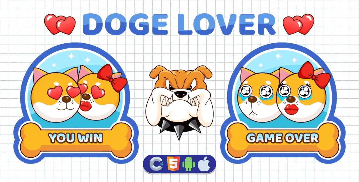 Premium Doge Lover HTML5 game featuring a rolling Doge character collecting hearts in a tilt-control mobile game