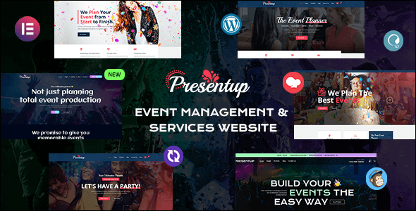 Presentup event planner WordPress theme showcasing homepage demo layouts for weddings and celebrations