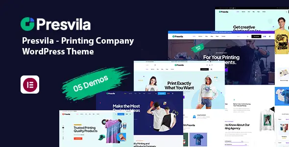 Presvila Printing Company WordPress Theme homepage preview showing print service categories and portfolio