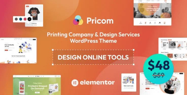 Pricom printing company WordPress theme preview with Elementor and WooCommerce design layout